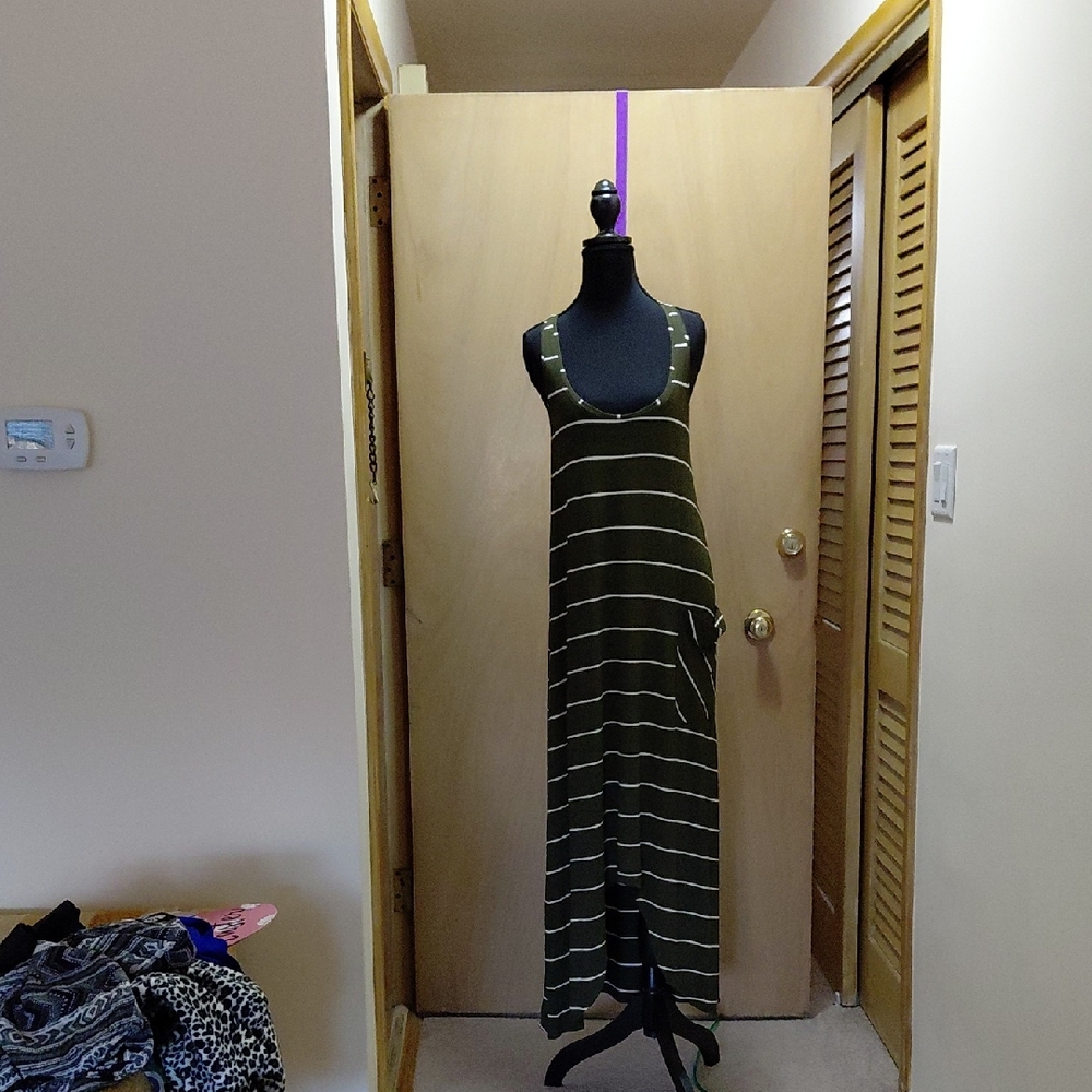 Michael Stars Olive Green and White Striped Tank Maxi Dress